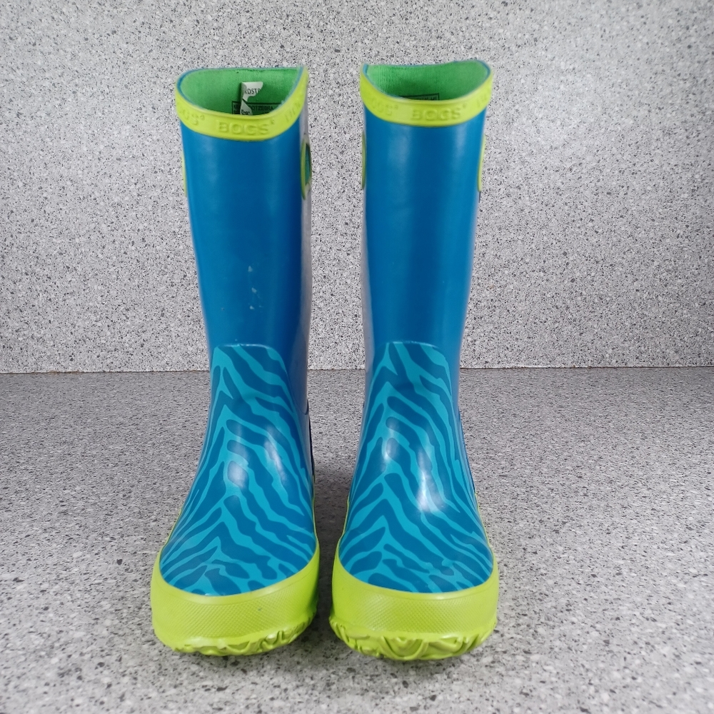 BOGS Blue Green Zebra Tall Rainboot Kids Waterproof Shoes Size 12 - Picture 2 of 7